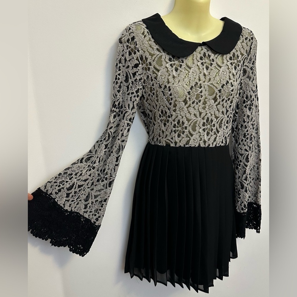 Savannah Rae Lace Black Dress with Bell Sleeves and Pleated Skirt Juniors size L
